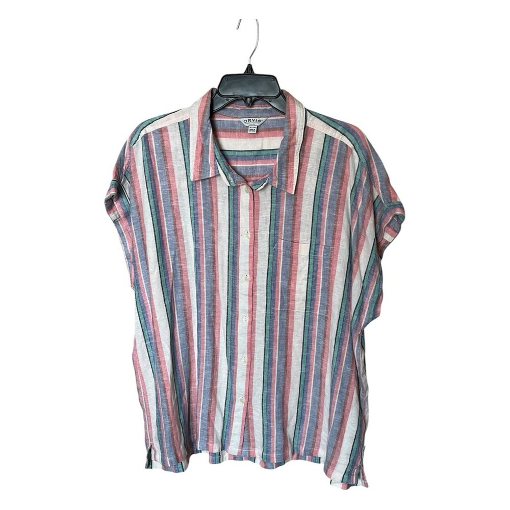 Orvis Linen-Blend Multicolor Striped Short Sleeve Button Up Shirt Top Size XL